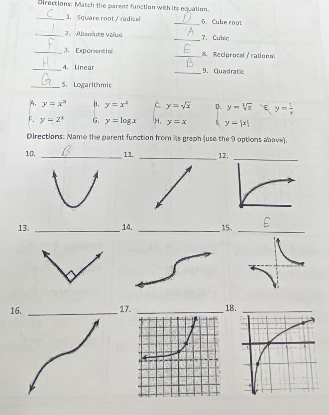 Directions: Match the parent function with its equation.
_1. Square root / radical _6. Cube root
_2. Absolute value _7. Cubic
_3. Exponential _8. Reciprocal / rational
_4. Linear _9. Quadratic
_5. Logarithmic
A. y=x^3 B. y=x^2 c. y=sqrt(x) D. y=sqrt[3](x) E. y= 1/x 
F. y=2^x G. y=log x H. y=x 1. y=|x|
Directions: Name the parent function from its graph (use the 9 options above).
10. _11. _12.
13.115._
16. _17. _18.