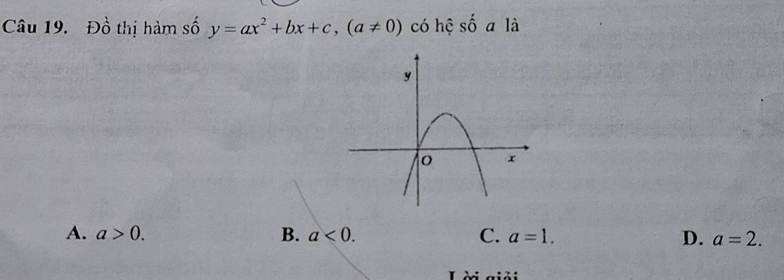 Đồ thị hàm số y=ax^2+bx+c, (a!= 0) có hệ shat O a là
A. a>0. B. a<0</tex>. C. a=1. D. a=2.