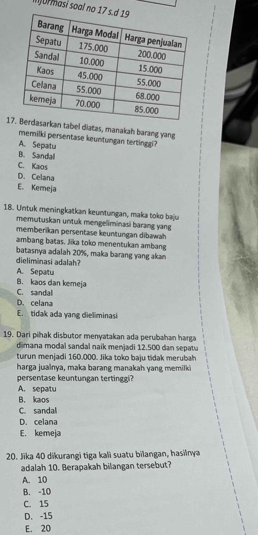 Injurmasi soal no 
1n tabel diatas, manakah barang yang
memilki persentase keuntungan tertinggi?
A. Sepatu
B. Sandal
C. Kaos
D. Celana
E. Kemeja
18. Untuk meningkatkan keuntungan, maka toko baju
memutuskan untuk mengeliminasi barang yang
memberikan persentase keuntungan dibawah
ambang batas. Jika toko menentukan ambang
batasnya adalah 20%, maka barang yang akan
dieliminasi adalah?
A. Sepatu
B. kaos dan kemeja
C. sandal
D. celana
E. tidak ada yang dieliminasi
19. Dari pihak disbutor menyatakan ada perubahan harga
dimana modal sandal naik menjadi 12.500 dan sepatu
turun menjadi 160.000. Jika toko baju tidak merubah
harga jualnya, maka barang manakah yang memilki
persentase keuntungan tertinggi?
A. sepatu
B. kaos
C. sandal
D. celana
E. kemeja
20. Jika 40 dikurangi tiga kali suatu bilangan, hasilnya
adalah 10. Berapakah bilangan tersebut?
A. 10
B. -10
C. 15
D. -15
E. 20