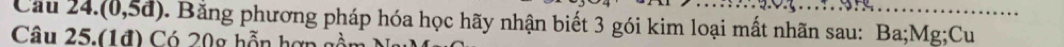 (0,5d). Bằng phương pháp hóa học hãy nhận biết 3 gói kim loại mất nhãn sau: Ba; Mg;Cu 
Câu 25.(1đ) Có 20g hỗn hợn