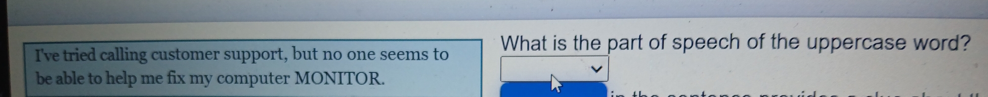 What is the part of speech of the uppercase word? 
I've tried calling customer support, but no one seems to 
be able to help me fix my computer MONITOR.