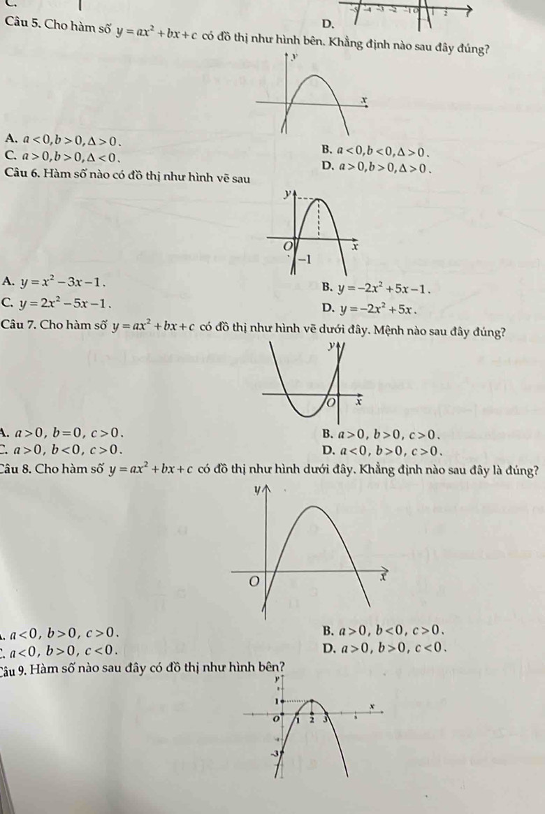 Cho hàm số y=ax^2+bx+c có đồ thị như hình bên. Khẳng định nào sau đây đúng?
A. a<0</tex>, b>0, △ >0.
B. a<0</tex>, b<0</tex>, △ >0.
C. a>0, b>0, △ <0</tex>. D. a>0, b>0, △ >0. 
Câu 6. Hàm số nào có đồ thị như hình vẽ sau
A. y=x^2-3x-1. B. y=-2x^2+5x-1.
C. y=2x^2-5x-1. D. y=-2x^2+5x. 
Câu 7. Cho hàm số y=ax^2+bx+c có widehat dO thị như hình vẽ dưới đây. Mệnh nào sau đây đúng?
A. a>0, b=0, c>0. B. a>0, b>0, c>0.
`. a>0, b<0</tex>, c>0. D. a<0</tex>, b>0, c>0. 
Câu 8. Cho hàm số y=ax^2+bx+c có đồ thị như hình dưới đây. Khẳng định nào sau đây là đúng?
a<0</tex>, b>0, c>0.
B. a>0, b<0</tex>, c>0.
a<0</tex>, b>0, c<0</tex>.
D. a>0, b>0, c<0</tex>. 
Câu 9. Hàm số nào sau đây có đồ thị như hình bên?