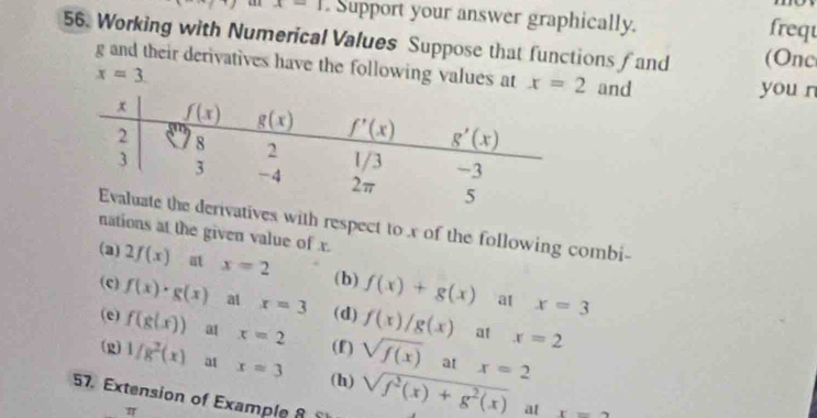 a x=1 Support your answer graphically.
frequ
56. Working with Numerical Values Suppose that functions fand (Onc
g and their derivatives have the following values at x=2 and you n
x=3
with respect to x of the following combi-
nations at the given value of r.
(a) 2f(x) x=2 f(x)+g(x)
(b)
(c) f(x)· g(x) al x=3 (d) f(x)/g(x)
at x=3
(e) f(g(x)) at x=2 (f) sqrt(f(x))
at x=2
(2) 1/g^2(x) at x=3 sqrt(f^2(x)+g^2(x)) x=2
at
(h)
57. Extension of Example 8
π
at x=2