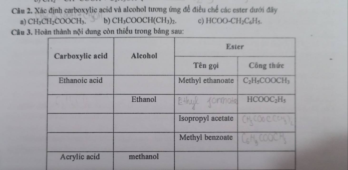 Xác định carboxylic acid và alcohol tương ứng để điều chế các ester dưới đây
a) CH_3CH_2COOCH_3. b) CH_3COOCH(CH_3)_2. c) HCOO-CH_2C_6H_5.
Câu  dung còn thiếu trong bảng sau: