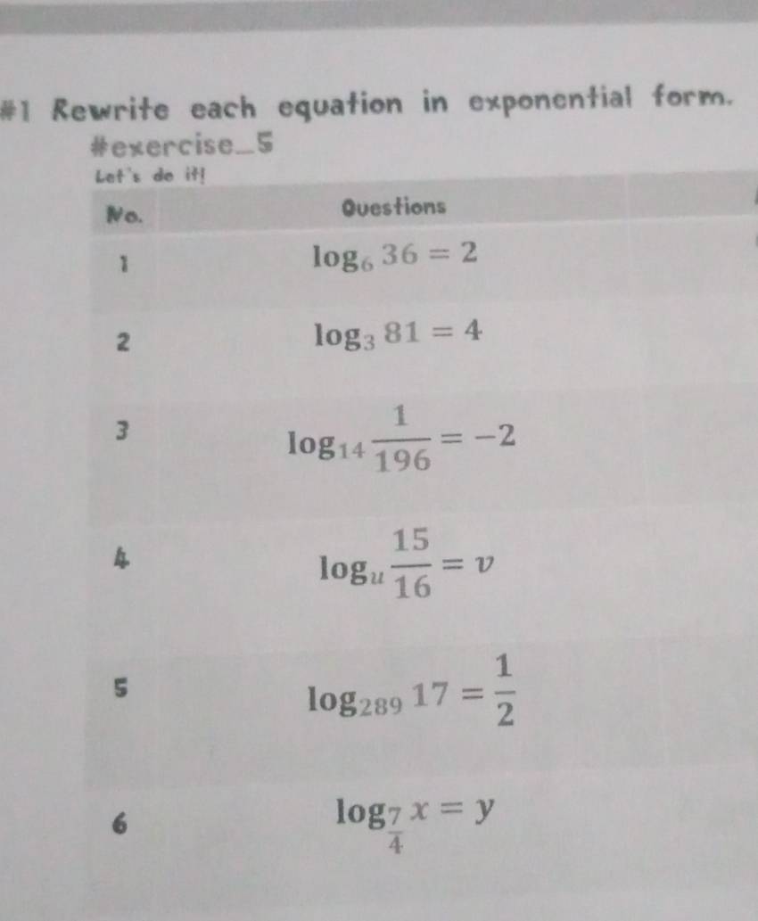 #1 Rewrite each equation in exponential form.
#exercise_5