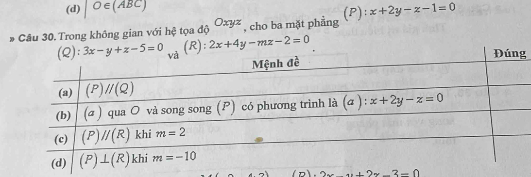 (d) |O∈ (ABC)
» Câu 30. Trong không gian với hệ tọa độ Oxyz , cho ba mặt phẳng (P): x+2y-z-1=0
2x+4y-mz-2=0
g
() 3-0