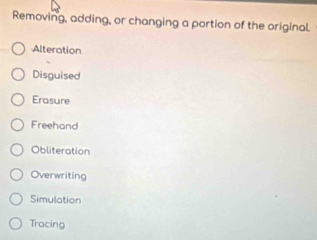 Removing, adding, or changing a portion of the original
Alteration
Disguised
Erasure
Freehand
Obliteration
Overwriting
Simulation
Tracing