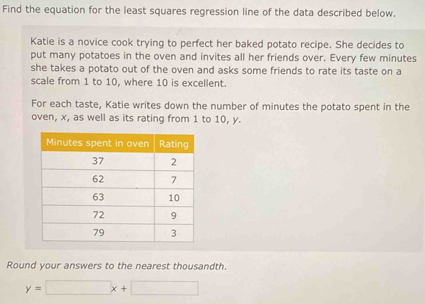 Find the equation for the least squares regression line of the data described below. 
Katie is a novice cook trying to perfect her baked potato recipe. She decides to 
put many potatoes in the oven and invites all her friends over. Every few minutes
she takes a potato out of the oven and asks some friends to rate its taste on a 
scale from 1 to 10, where 10 is excellent. 
For each taste, Katie writes down the number of minutes the potato spent in the 
oven, x, as well as its rating from 1 to 10, y. 
Round your answers to the nearest thousandth.
y=□ x+□