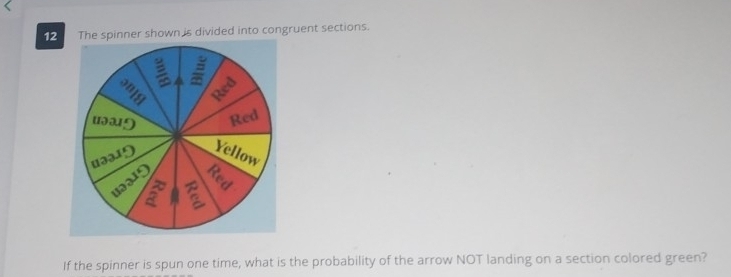 The spinner shown is divided into congruent sections. 
If the spinner is spun one time, what is the probability of the arrow NOT landing on a section colored green?