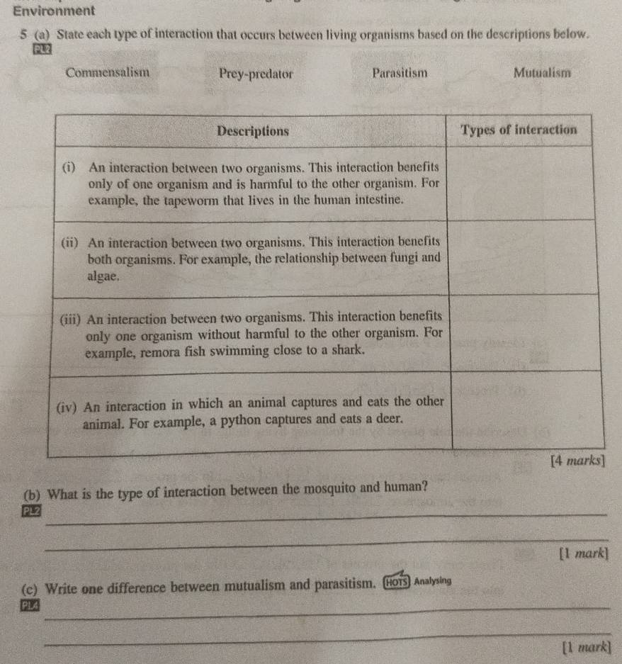 Environment
5 (a) State each type of interaction that occurs between living organisms based on the descriptions below.
Commensalism Prey-predator Parasitism Mutualism
]
(b) What is the type of interaction between the mosquito and human?
_
_
[1 mark]
(c) Write one difference between mutualism and parasitism. [HoTs) Analysing
_2
_
[1 mark]