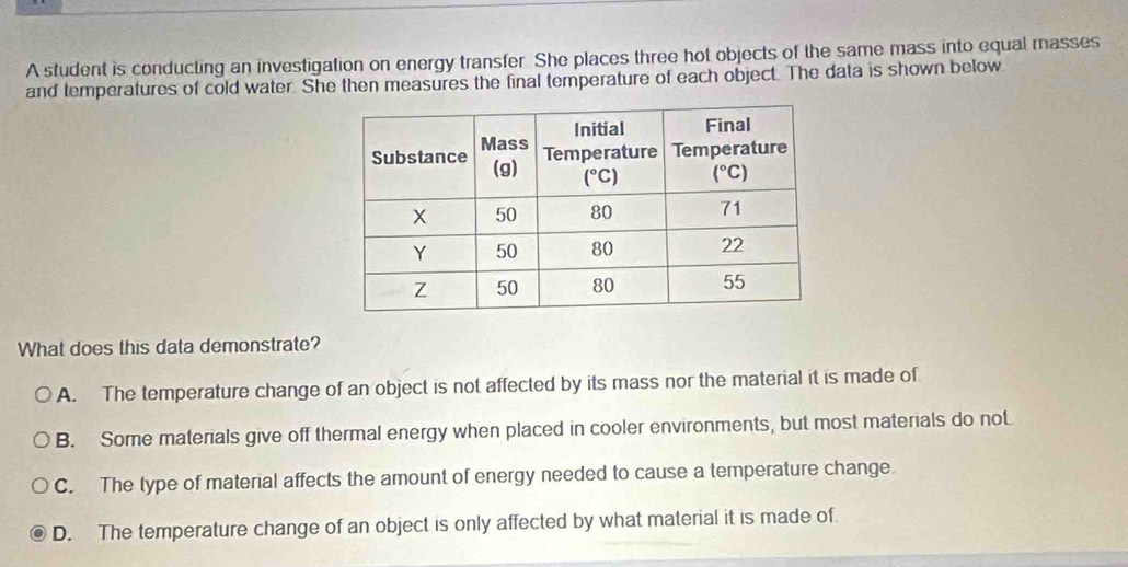 Solved: A student is conducting an investigation on energy transfer ...