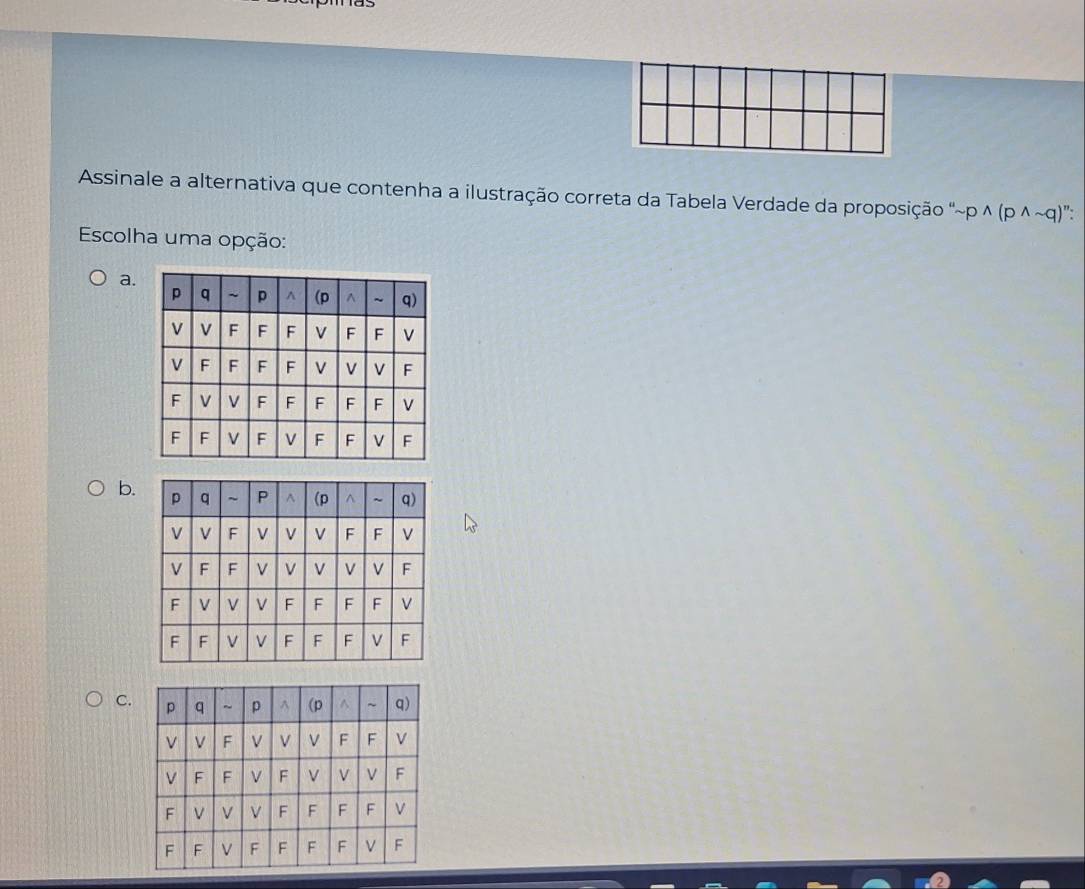 Assinale a alternativa que contenha a ilustração correta da Tabela Verdade da proposição . sim pwedge (pwedge sim q) ": 
Escolha uma opção: 
a. 
b. 
C.