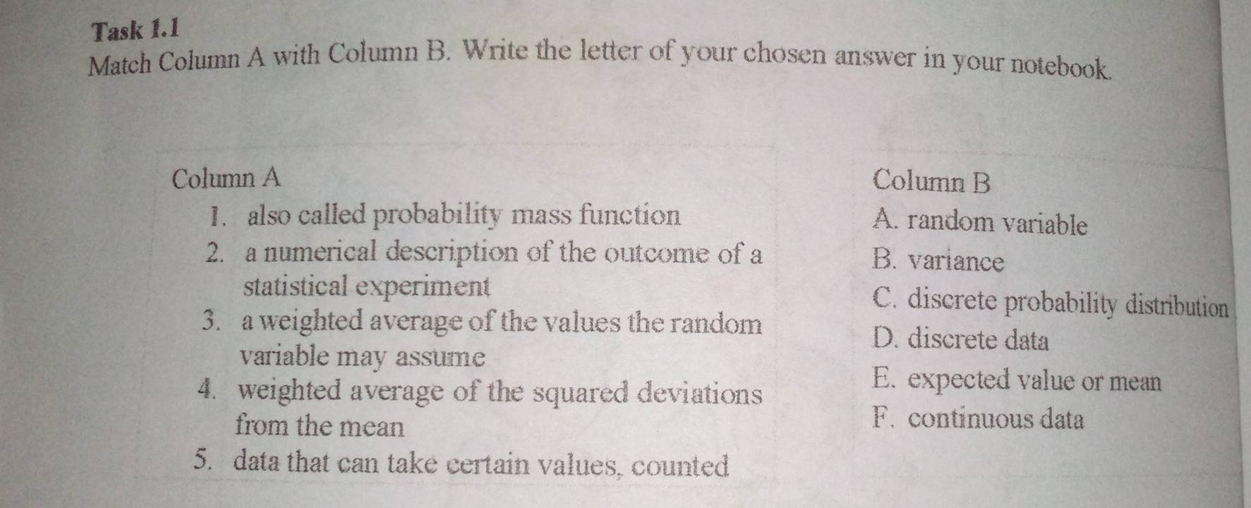 Task 1.1
Match Column A with Column B. Write the letter of your chosen answer in your notebook.
Column A Column B
I. also called probability mass function A. random variable
2. a numerical description of the outcome of a
B. variance
statistical experiment C. discrete probability distribution
3. a weighted average of the values the random D. discrete data
variable may assume
4. weighted average of the squared deviations
E. expected value or mean
from the mean
F. continuous data
5. data that can take certain values, counted