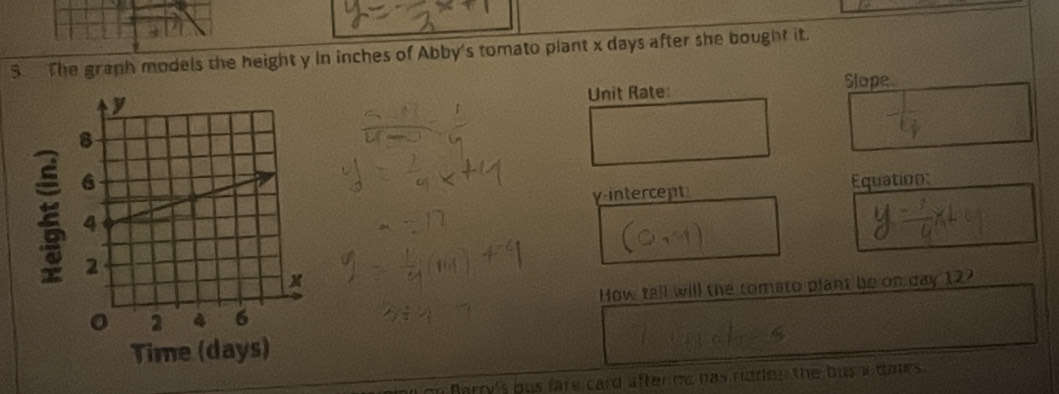 The granh models the height y In inches of Abby's tomato plant x days after she bought it. 
Unit Rate: Slope 
Equation: 
γ-intercent 
How tall will the tomato plant be on day 122
Time (days) 
n farre's hus fare card after me has noden the bus x tmes .