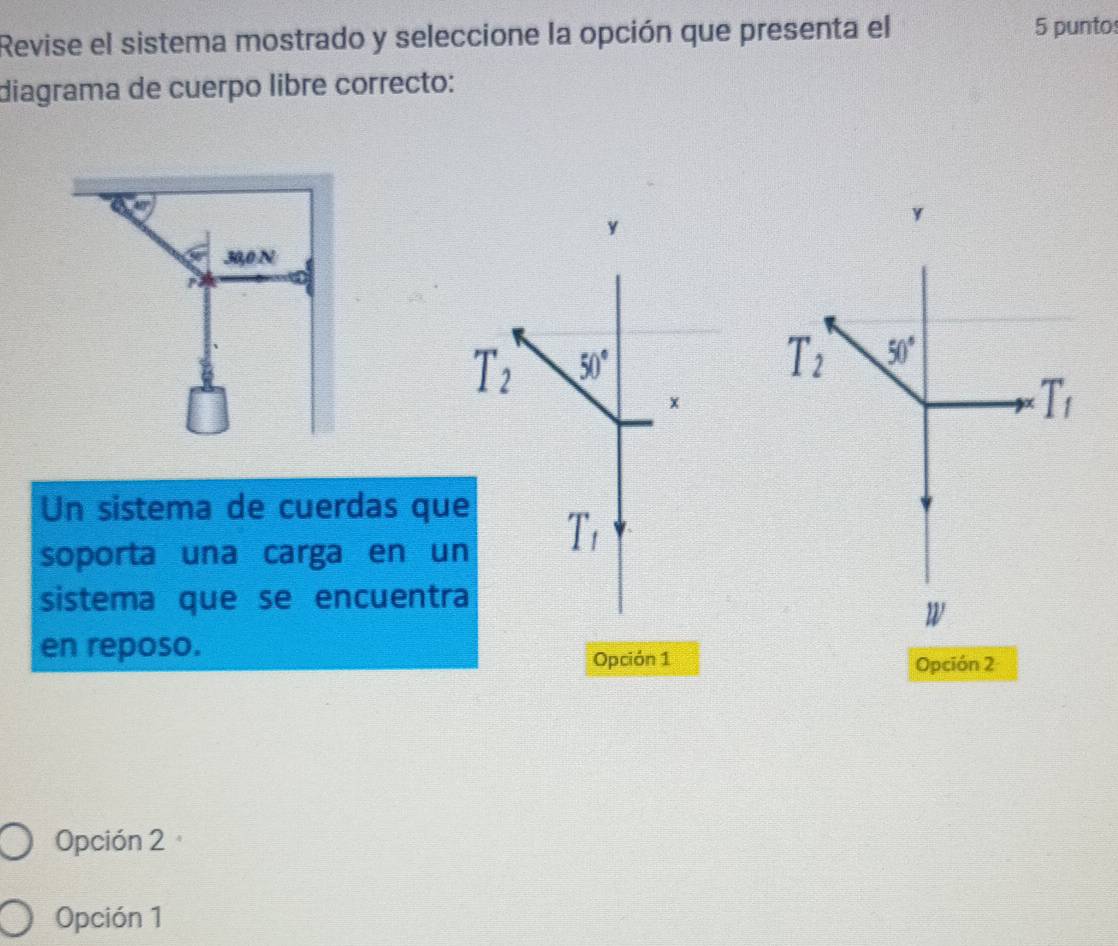 Revise el sistema mostrado y seleccione la opción que presenta el
5 punto
diagrama de cuerpo libre correcto:
y
y
T_2 50°
T_2 50°
x
T_1
Un sistema de cuerdas que
soporta una carga en un
T_t
sistema que se encuentra
W
en reposo.
Opción 1 Opción 2
Opción 2
Opción 1