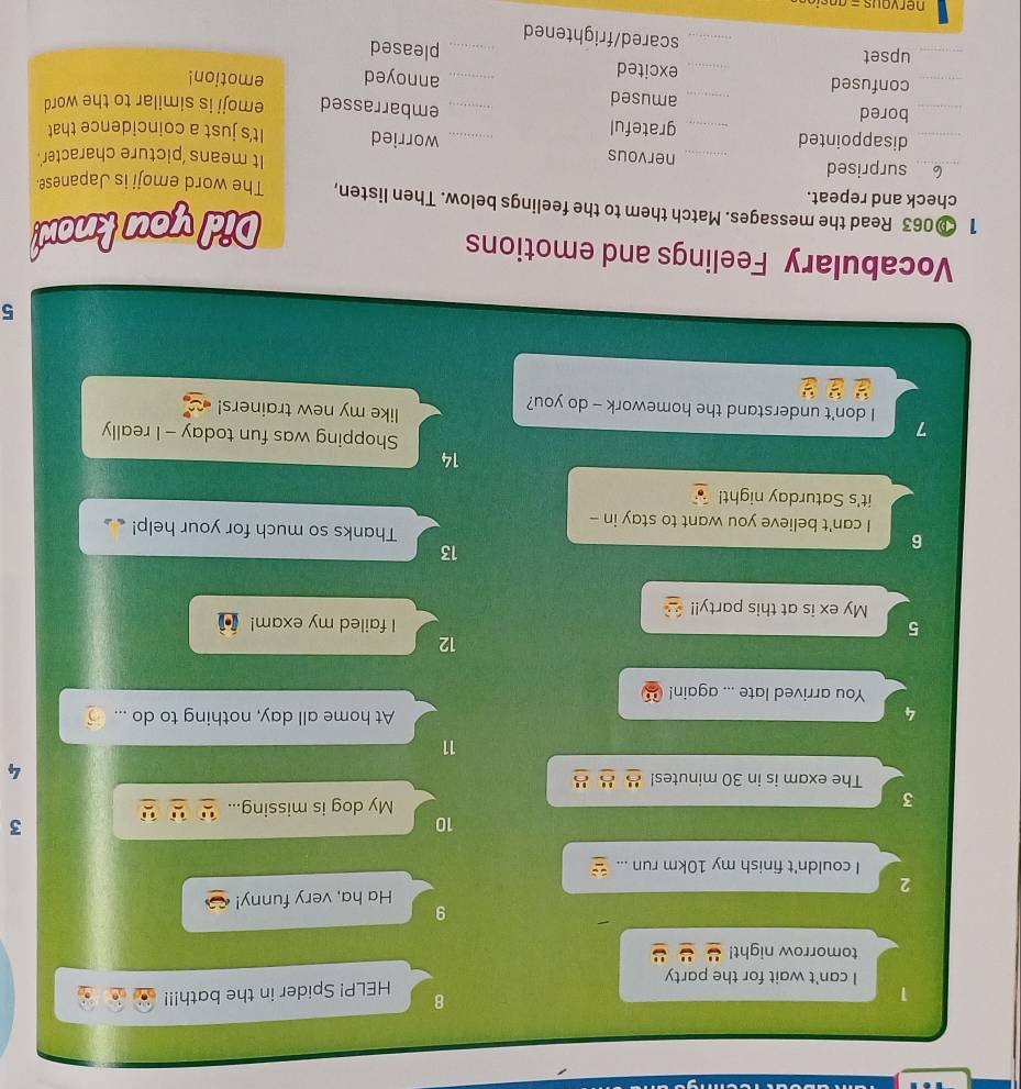 1 
8 
I can't wait for the party 
HELP! Spider in the bath!!! 
tomorrow night! 
9 
2 Ha ha, very funny! 
I couldn't finish my 10km run ... 
10 
3 
3 My dog is missing... 
The exam is in 30 minutes! 
11 
4 At home all day, nothing to do ... 
You arrived late ... again! 
12 
5 I failed my exam! 
My ex is at this party!! 
6 
13 
Thanks so much for your help! 
I can't believe you want to stay in - 
it's Saturday night! 
14 
7 
Shopping was fun today - I really 
like my new trainers! 
I don't understand the homework - do you? 
: 
5 
Vocabulary Feelings and emotions 
Did you know! 
1 ①063 Read the messages. Match them to the feelings below. Then listen, The word emoji is Japanese. 
check and repeat. 
It means 'picture character’. 
_surprised _nervous worried It's just a coincidence that 
_disappointed _grateful _embarrassed emoji is similar to the word 
_bored __amused __annoyed emotion! 
_confused 
excited _pleased 
_upset 
_scared/frightened 
rvous - an ç i s