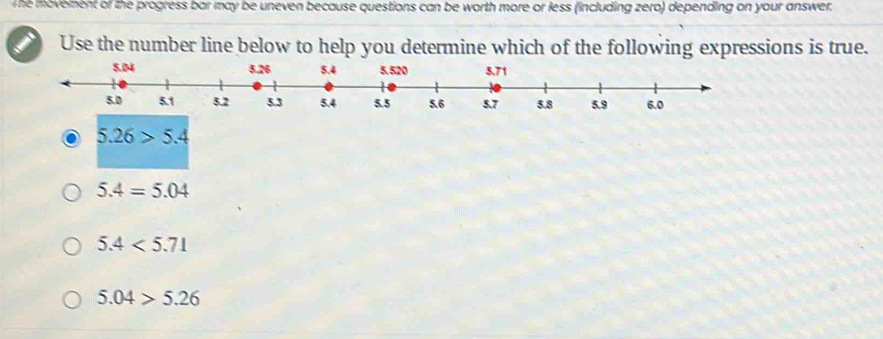 he movement of the progress bar may be uneven because questions can be worth more or less (including zero) depending on your answer.
Use the number line below to help you determine which of the following expressions is true.
5.26>5.4
5.4=5.04
5.4<5.71
5.04>5.26