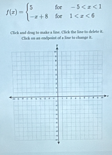 f(x)=beginarrayl 5for-5
Click and drag to make a line. Click the line to delete it. 
Click on an endpoint of a line to change it.
x