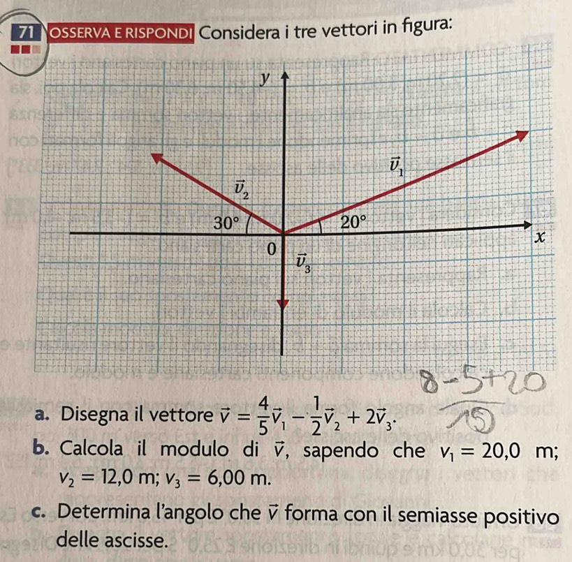 NoSsERVA E RIsPONDI Considera i tre vettori in figura:
a. Disegna il vettore vector v= 4/5 vector v_1- 1/2 vector v_2+2vector v_3.
b. Calcola il modulo di vector V ， sapendo che v_1=20,0m;
v_2=12,0m;v_3=6,00m.
c. Determina l’angolo che ▽ forma con il semiasse positivo
delle ascisse.