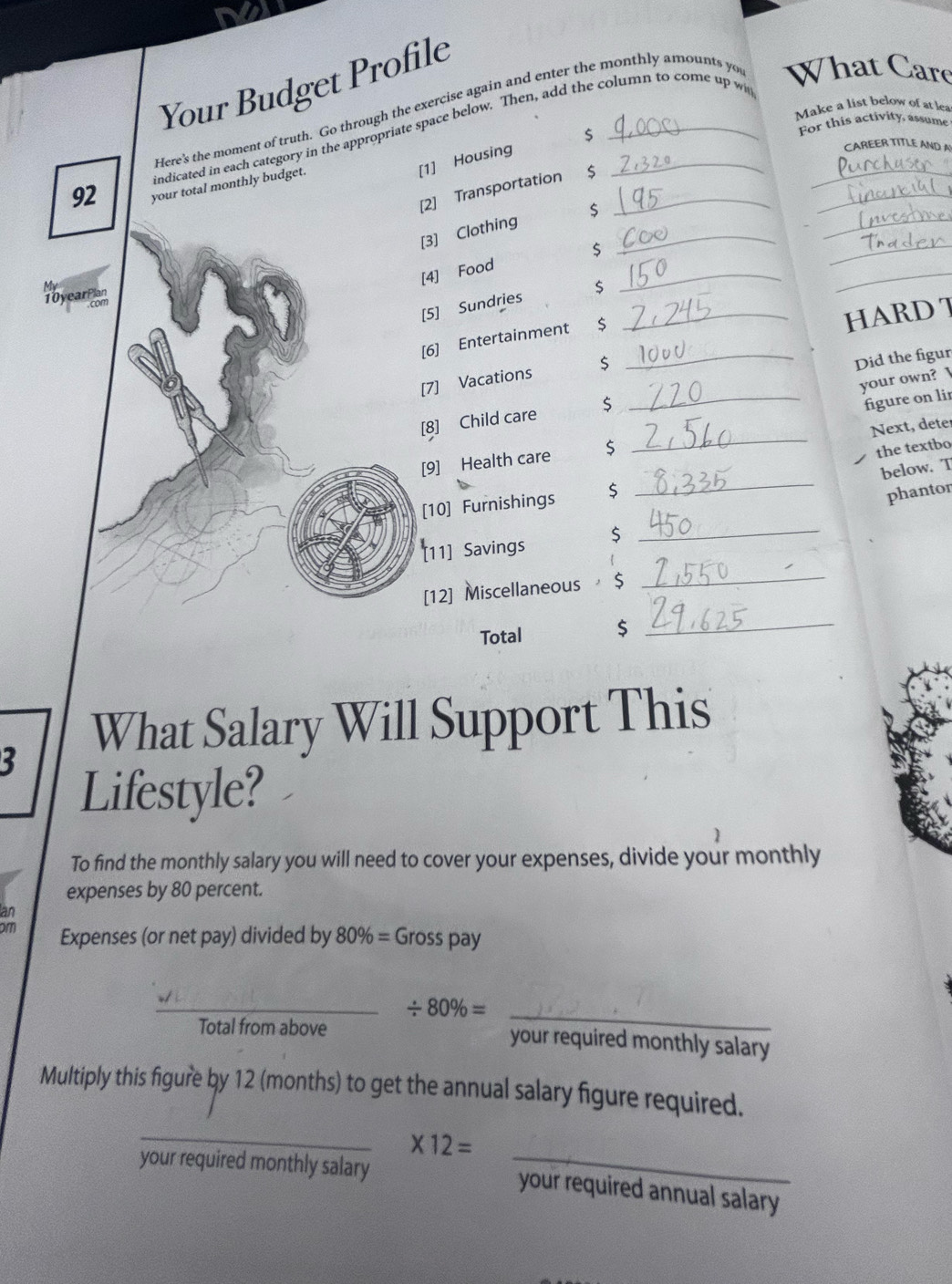 Your Budget Profile 
Here's the moment of truth. Go through the exercise again and enter the monthly amounts yo What Care 
indicated in each category in the appropriate space below. Then, add the column to come up w_ 
Make a list below of at lea 
5 
For this activity, assume 
[1] Housing 
CAREER TITLE AND A 
_ 
_ 
92 your total monthly budget. 
[2] Transportation $ _ 
[3] Clothing _ 
$ 
_ 
[4] Food 
10yearPlan 
[5] Sundries $_ 
_ 
_ 
[6] Entertainment $ 
HARD T 
[7] Vacations $
_Did the figur 
your own?  
[8] Child care 5 
_figure on lir 
[9] Health care $ _Next, deter 
the textbo 
below. T 
_ 
[10] Furnishings $ 
_ 
phantor 
[11] Savings $
[12] Miscellaneous $
_ 
Total $
_ 
What Salary Will Support This 
3 
Lifestyle? 
To find the monthly salary you will need to cover your expenses, divide your monthly 
expenses by 80 percent. 
an 
om Expenses (or net pay) divided by 80% = Gross pay 
_ / 80% = _ 
Total from above your required monthly salary 
Multiply this figure by 12 (months) to get the annual salary figure required. 
_
* 12=
your required monthly salary _your required annual salary