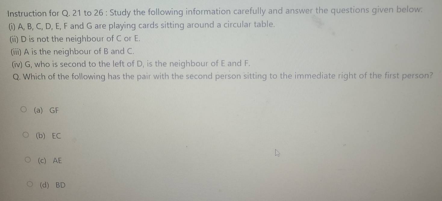 Instruction for Q. 21 to 26 : Study the following information carefully and answer the questions given below:
(i) A, B, C, D, E, F and G are playing cards sitting around a circular table.
(ii) D is not the neighbour of C or E.
(iii) A is the neighbour of B and C.
(iv) G, who is second to the left of D, is the neighbour of E and F.
Q. Which of the following has the pair with the second person sitting to the immediate right of the first person?
(a) GF
(b) EC
(c) AE
(d) BD