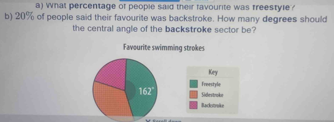 What percentage of people said their favourite was freestyle?
b) 20% of people said their favourite was backstroke. How many degrees should
the central angle of the backstroke sector be?
Favourite swimming strokes
Key
Freestyle
Sidestroke
Backstroke