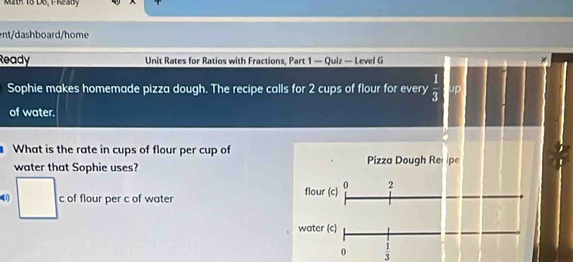 Matk 18 D8, 1-Ready 
ent/dashboard/home 
Ready Unit Rates for Ratios with Fractions, Part 1 — Quiz — Level G × 
Sophie makes homemade pizza dough. The recipe calls for 2 cups of flour for every  1/3  up 
of water. 
What is the rate in cups of flour per cup of 
water that Sophie uses? 
□ c of flour per c of water
 1/3 