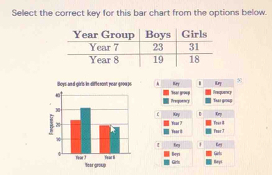 Select the correct key for this bar chart from the options below. 
Boys and girls in different year groups A Key B Kry 
Year group Frequency 
Frequency Year group 
Key Kry 
Yiear 7 Year 8
Year B Year 7
Key F Key 
F 
Boys 
Girls Beys Girls 
Year group