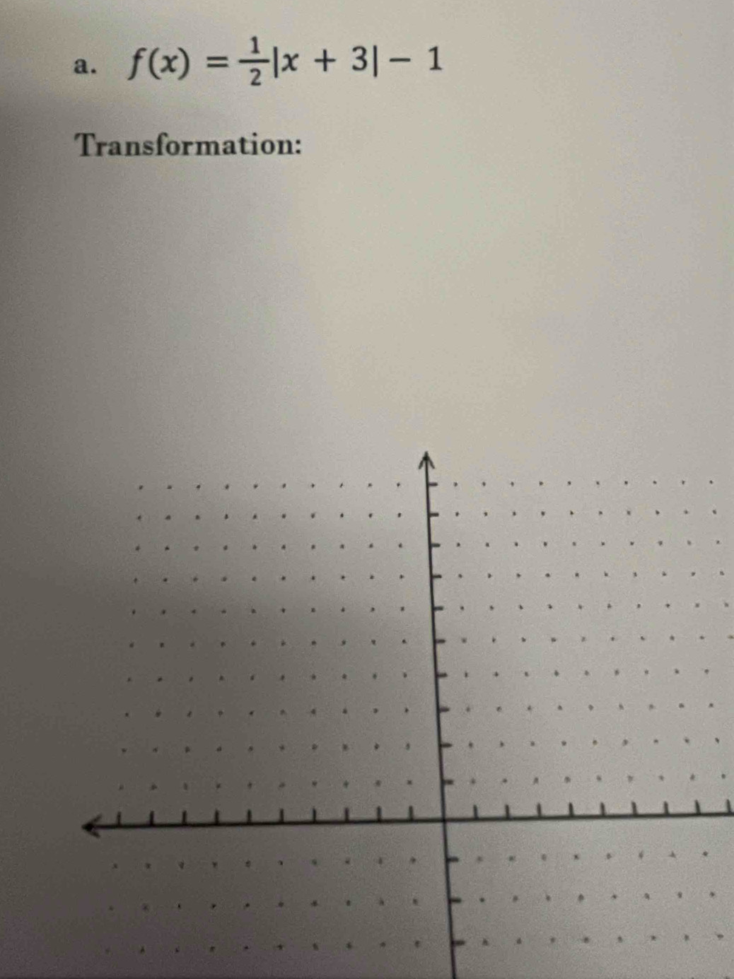 f(x)= 1/2 |x+3|-1
Transformation: