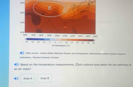 5N
Data source: United States National Oceanic and Atmospheric Administration/Earth System Research
Laboratory, Physical Sciences Division
Based on the temperature measurements, Chich outlined area better fits the definition of
an air mass?
D Area A Area B