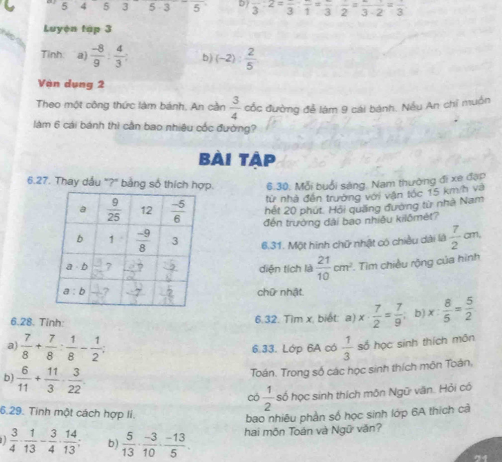 a 5 4 5 3 5 3 5 D frac 3:2=frac 3:frac 1=frac 3:frac 2=frac 3· 2=frac 3
Luyện tập 3
Tinh: a)  (-8)/9 : 4/3 ; b) (-2): 2/5 
Vàn dụng 2
Theo một công thức làm bánh, An cần  3/4  cốc đường để làm 9 cái bành. Nều An chỉ muồn
làm 6 cái bánh thì cần bao nhiêu cốc đường?
Bài tàp
6.27. Thay dầu "?" bằng số thích h. 6.30. Mỗi buổi sáng. Nam thường đi xe đạp
từ nhà đến trường với vận tốc 15 km/h và
hết 20 phút. Hỏi quăng đường từ nhà Nam
đến trường đài bao nhiêu kilômét?
6.31. Một hình chữ nhật có chiều dài là  7/2 cm,
diện tích là  21/10 cm^2. Tìm chiều rộng của hình
chữ nhật.
6.28. Tinh: 6.32. Tìm x, biết: a) x·  7/2 = 7/9  b) x: 8/5 = 5/2 
a)  7/8 + 7/8 : 1/8 - 1/2  a 6.33. Lớp 6A có  1/3  số học sinh thích môn
b)  6/11 + 11/3 ·  3/22 .
Toán. Trong số các học sinh thích môn Toán,
có  1/2  số học sinh thích môn Ngữ văn. Hỏi có
6.29. Tinh một cách hợp lí.
bao nhiêu phần số học sinh lớp 6A thích cả
 3/4 ·  1/13 - 3/4 ·  14/13 ; b)  5/13 ·  (-3)/10 ·  (-13)/5 .
hai mộn Toán và Ngữ văn?
24