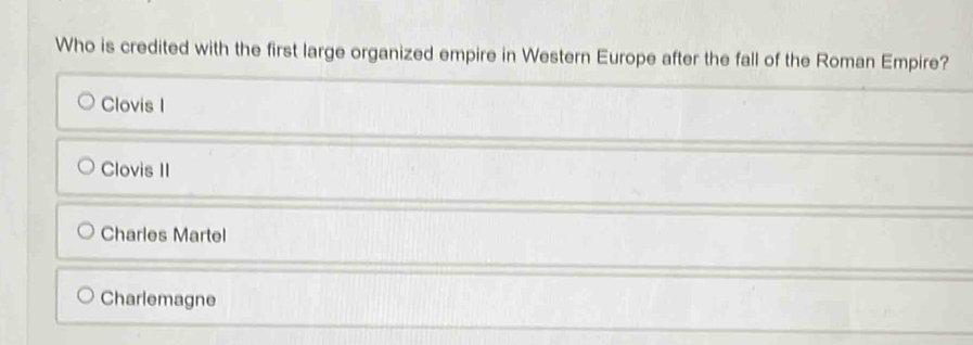 Who is credited with the first large organized empire in Western Europe after the fall of the Roman Empire?
Clovis I
Clovis II
Charles Martel
Charlemagne