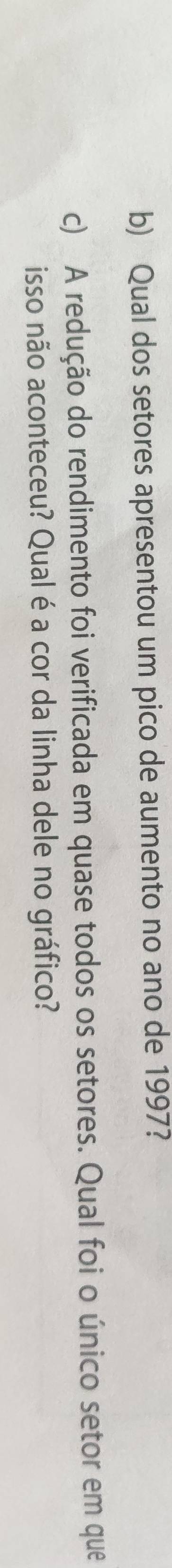 Qual dos setores apresentou um pico de aumento no ano de 1997? 
c) A redução do rendimento foi verificada em quase todos os setores. Qual foi o único setor em que 
isso não aconteceu? Qual é a cor da linha dele no gráfico?
