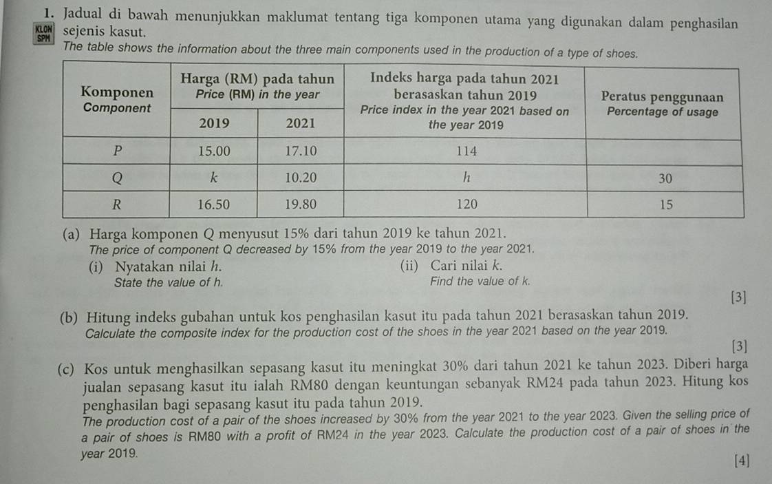 Jadual di bawah menunjukkan maklumat tentang tiga komponen utama yang digunakan dalam penghasilan 
KLON sejenis kasut. 
SPM The table shows the information about the three main components used in the production of a type of shoes. 
(a) Harga komponen Q menyusut 15% dari tahun 2019 ke tahun 2021. 
The price of component Q decreased by 15% from the year 2019 to the year 2021. 
(i) Nyatakan nilai h. (ii) Cari nilai k. 
State the value of h. Find the value of k. 
[3] 
(b) Hitung indeks gubahan untuk kos penghasilan kasut itu pada tahun 2021 berasaskan tahun 2019. 
Calculate the composite index for the production cost of the shoes in the year 2021 based on the year 2019. 
[3] 
(c) Kos untuk menghasilkan sepasang kasut itu meningkat 30% dari tahun 2021 ke tahun 2023. Diberi harga 
jualan sepasang kasut itu ialah RM80 dengan keuntungan sebanyak RM24 pada tahun 2023. Hitung kos 
penghasilan bagi sepasang kasut itu pada tahun 2019. 
The production cost of a pair of the shoes increased by 30% from the year 2021 to the year 2023. Given the selling price of 
a pair of shoes is RM80 with a profit of RM24 in the year 2023. Calculate the production cost of a pair of shoes in the 
year 2019. [4]