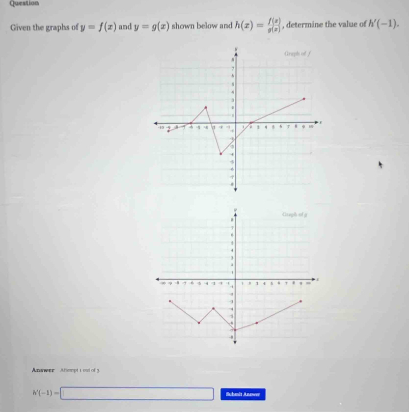 Question 
Given the graphs of y=f(x) and y=g(x) shown below and h(x)= f(x)/g(x)  , determine the value of h'(-1). 
Answer Altempt 1 out of 3
h'(-1)=□ Submit Answer