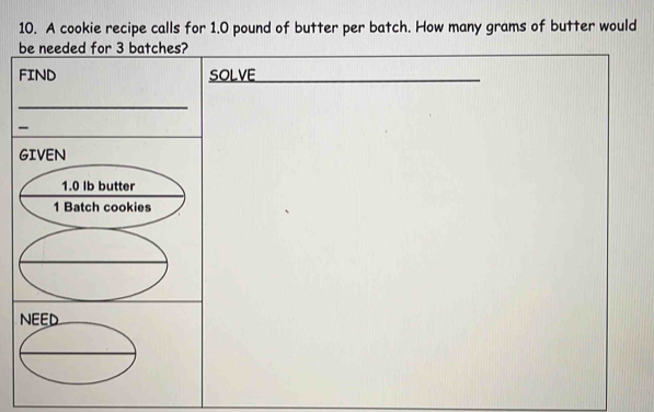 A cookie recipe calls for 1.0 pound of butter per batch. How many grams of butter would 
be needed for 3 batches? 
FIND SOLVE 
_ 
_ 
-