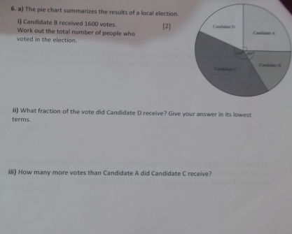 The pie chart summarizes the results of a local election. 
i) Candidate B received 1600 votes. 
Work out the total number of people who [2] 
voted in the election. 
ii) What fraction of the vote did Candidate D receive? Give your answer in its lowest 
terms. 
iii) How many more votes than Candidate A did Candidate C receive?