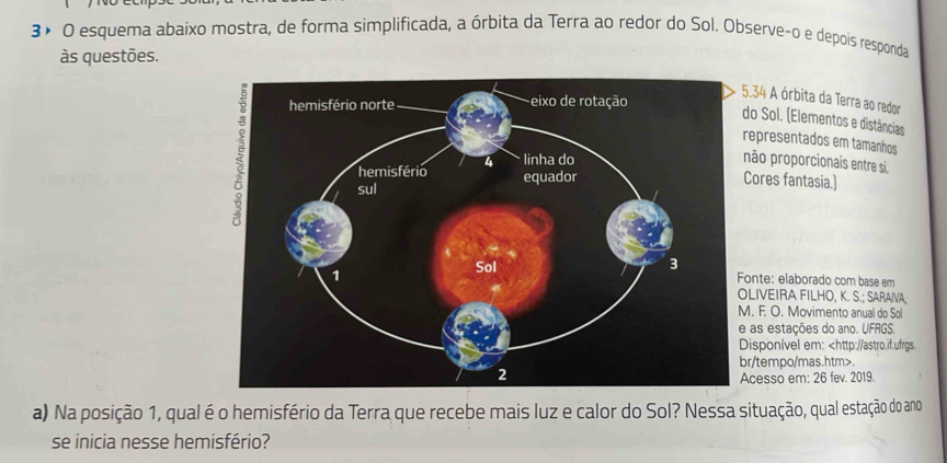 3× O esquema abaixo mostra, de forma simplificada, a órbita da Terra ao redor do Sol. Observe-o e depois responda 
às questões. 
.34 A órbita da Terra ao redor 
o Sol. (Elementos e distâncias 
epresentados em tamanhos 
ores fantasia.) 
ão proporcionais entre si. 
nte: elaborado com base em 
IVEIRA FILHO, K. S.; SARAIVA, 
. F. O. Movimento anual do Sol 
as estações do ano. UFRGS. 
isponível em:. 
cesso em: 26 fev. 2019. 
a) Na posição 1, qual é o hemisfério da Terra que recebe mais luz e calor do Sol? Nessa situação, qual estação do ano 
se inicia nesse hemisfério?