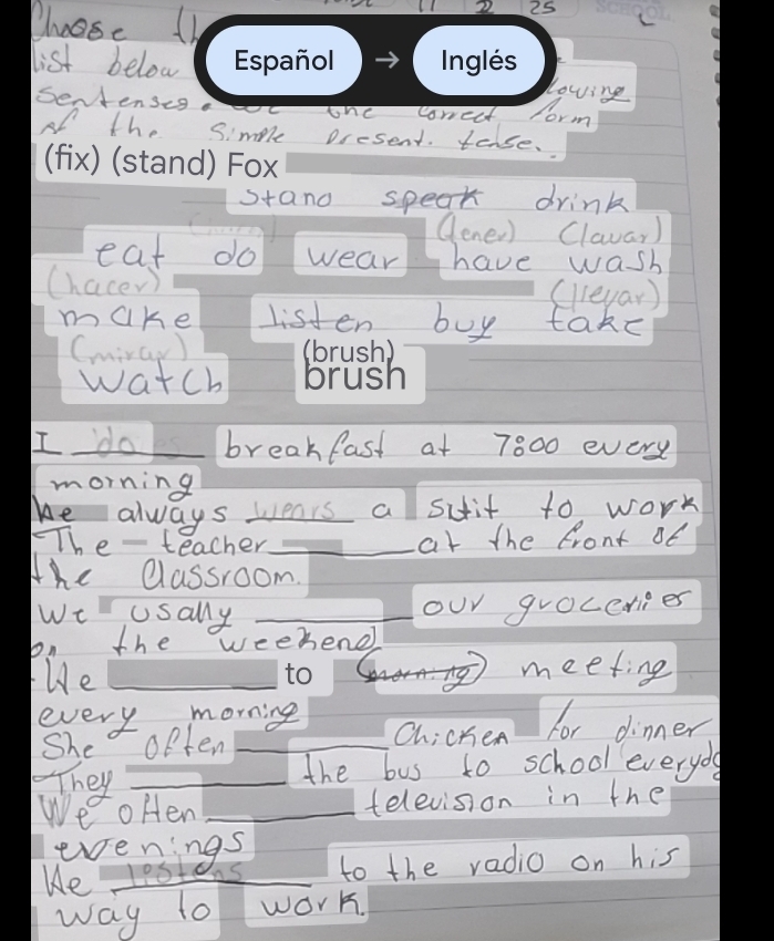 hose
22 25
list below
lowing
Sentensegc the correct form
of the Simple oresent. tense.
stano speak drink
(ener) Clawar)
eat do wear have wash
(hacev) (lieyar)
make listen buy take
(miray )
watch
I dos breakfast at 7800 every
morning
the always wears a siit to work
The - teacher_
at the front of
Ahe classroom.
we usally_
our groceriies
on the weekene
fWe _meeting
to
every morning
She opten _Chicnen for dinner
hey_
the bus to school everyoa
We oHen _television in the
evenings
We leot as_ to the radio on his
way to work,