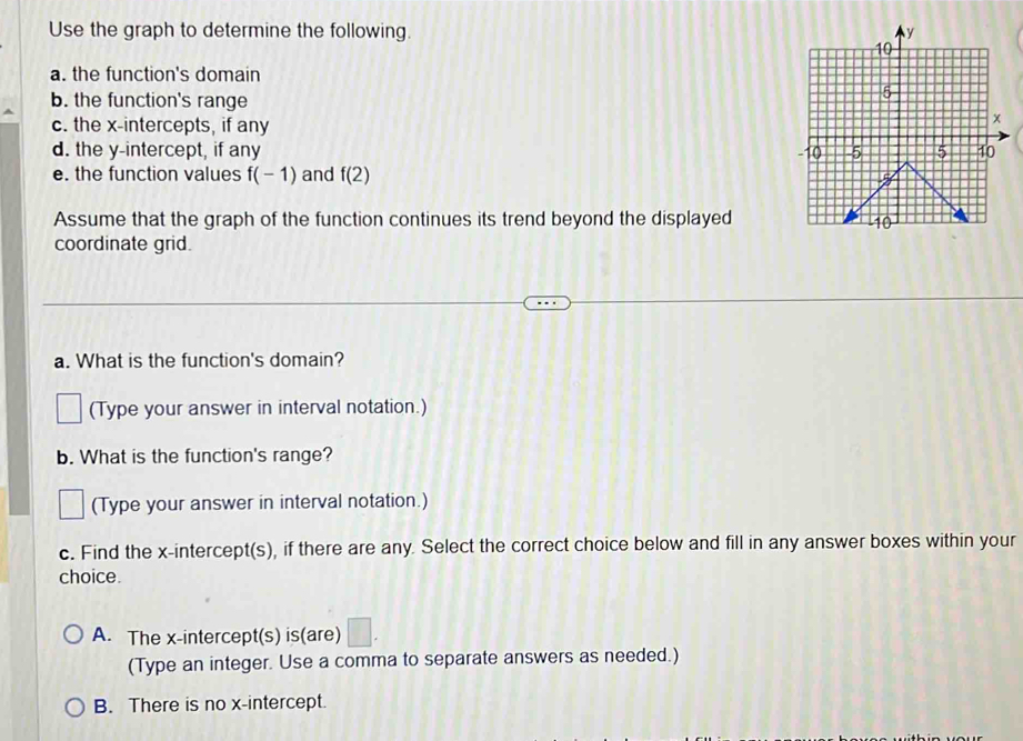 Use the graph to determine the following. 
a. the function's domain
b. the function's range
c. the x-intercepts, if any
d. the y-intercept, if any 
e. the function values f(-1) and f(2)
Assume that the graph of the function continues its trend beyond the displayed
coordinate grid.
a. What is the function's domain?
(Type your answer in interval notation.)
b. What is the function's range?
(Type your answer in interval notation.)
c. Find the x-intercept(s), if there are any. Select the correct choice below and fill in any answer boxes within your
choice.
A. The x-intercept(s) is(are)
(Type an integer. Use a comma to separate answers as needed.)
B. There is no x-intercept.