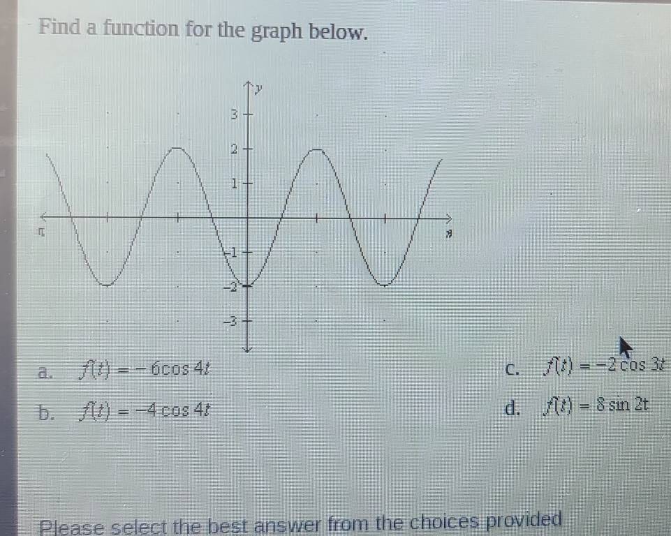 Find a function for the graph below.
a. f(t)=-6cos 4t C. f(t)=-2cos 3t
b. f(t)=-4cos 4t d. f(t)=8sin 2t
Please select the best answer from the choices provided