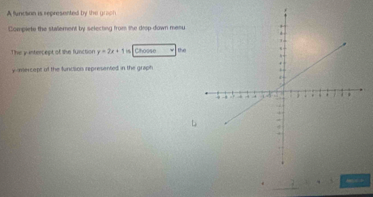 A function is represented by the graph 
Complete the stalement by selecting from the drop-down menu 
The y-intercept of the function y=2x+1 is Choose the 
yntercept of the function represented in the graph
4
A