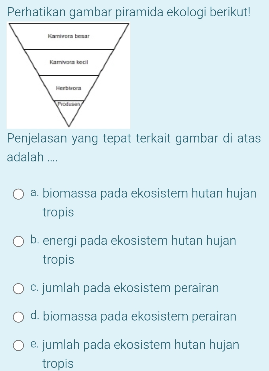 Perhatikan gambar piramida ekologi berikut!
Penjelasan yang tepat terkait gambar di atas
adalah ....
a. biomassa pada ekosistem hutan hujan
tropis
b. energi pada ekosistem hutan hujan
tropis
c. jumlah pada ekosistem perairan
d. biomassa pada ekosistem perairan
e. jumlah pada ekosistem hutan hujan
tropis