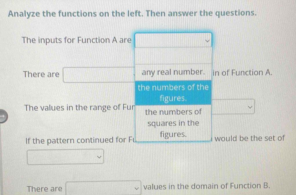 Analyze the functions on the left. Then answer the questions.
The inputs for Function A are
There are □ n of Function A.
The values in the range of Fu
If the pattern continued for Fwould be the set of
□
There are □ values in the domain of Function B.