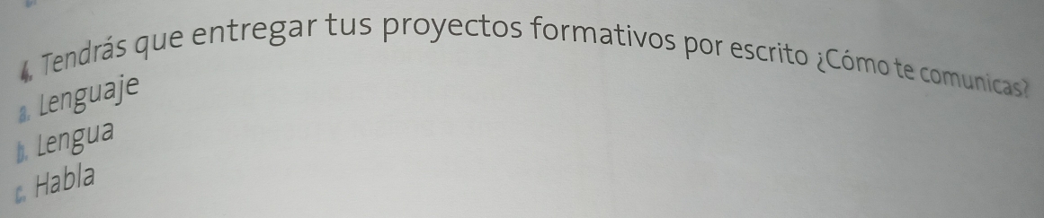 4, Tendrás que entregar tus proyectos formativos por escrito ¿Cómo te comunicas?
Lenguaje
b Lengua
Habla