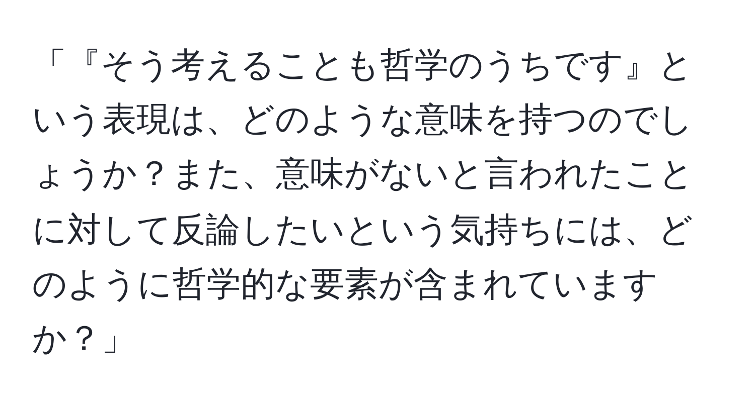 「『そう考えることも哲学のうちです』という表現は、どのような意味を持つのでしょうか？また、意味がないと言われたことに対して反論したいという気持ちには、どのように哲学的な要素が含まれていますか？」