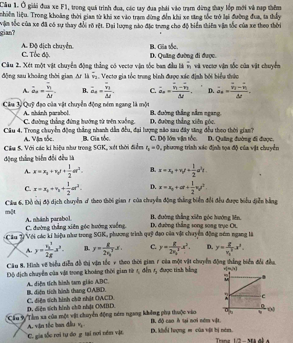 Ở giải đua xe F1, trong quá trình đua, các tay đua phải vào trạm dừng thay lốp mới và nạp thêm
nhiên liệu. Trong khoảng thời gian từ khi xe vào trạm dừng đến khi xe tăng tốc trở lại đường đua, ta thấy
vận tốc của xe đã có sự thay đổi rõ rệt. Đại lượng nào đặc trưmng cho độ biển thiên vận tốc của xe theo thời
gian?
A. Độ dịch chuyển. B. Gia tốc.
C. Tốc độ. D. Quãng đường đi được.
Câu 2. Xét một vật chuyển động thẳng có vectơ vận tốc ban đầu là overline v_1 và vectơ vận tốc của vật chuyển
động sau khoảng thời gian △ tlaoverline v_2. Vectơ gia tốc trung bình được xác định bởi biểu thức
A. overline a_omega =frac overline v_1△ t. B. overline a_△ =frac overline v_2△ t. C. overline a_a=frac overline v_1-overline v_2△ t. D. vector a_ s=frac overline v_2-overline overline v_1△ t.
Câu 3. Quỹ đạo của vật chuyền động ném ngang là một
A. nhánh parabol. B. đường thẳng nằm ngang.
*C. đường thẳng đứng hướng từ trên xuống. D. đường thẳng xiên góc.
Câu 4. Trong chuyển động thẳng nhanh dần đều, đại lượng nào sau dây tăng đều theo thời gian?
A. Vận tốc. B. Gia tốc. C. Độ lớn vận tốc. D. Quâng đường đì được.
Câu 5. Với các kí hiệu như trong SGK, xét thời điểm t_0=0 , phương trình xác định tọa độ của vật chuyền
động thẳng biến đổi đều là
A. x=x_0+v_0t+ 1/2 at^2. B. x=x_0+v_0t+ 1/2 a^2t.
D.
C. x=x_0+v_0+ 1/2 at^2. x=x_0+at+ 1/2 v_0t^2.
Câu 6. Đồ thị độ dịch chuyền # theo thời gian 7 của chuyển động thẳng biến đổi đều được biểu diễn bằng
một
A. nhánh parabol.
B. đường thẳng xiên góc hướng lên.
C. đường thẳng xiên góc hướng xuống. D. đường thẳng song song trục Ot.
Câu 7. Với các kí hiệu như trong SGK, phương trình quỹ đạo của vật chuyển động ném ngang là
A. y=frac (v_0)^22g-x^2. B. y=frac g(2v_0)^2.x. C. y=frac g(2v_0)^2x^2. D. y=frac g(v_0)^2x^2.
Câu 8. Hình vẽ biểu diễn đồ thị vận tốc ν theo thời gian / của một vật chuyển động thẳng biển đổi đều.
Độ dịch chuyển của vật trong khoảng thời gian từ t_1 đến t_2 được tính bằng
A. diện tích hình tam giác ABC. 
B. diện tích hình thang OABD.
C. diện tích hình chữ nhật OACD.
D. diện tích hình chữ nhật OMBD.
Câu 9. Tầm xa của một vật chuyển động ném ngang không phụ thuộc vào 
B. độ cao h tại nơi ném vật.
A. vận tốc ban đầu v_a,
C. gia tốc rơi tự do g tại nơi ném vật D. khối lượng m² của vật bị ném.
Trang 1/2 - Mã đề /