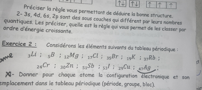 Préciser la règle vous permettant de déduire la bonne structure. 
2- 3s, 4d, 6s, 2p sont des sous couches qui différent par leurs nombres 
quantiques. Les préciser, quelle est la règle qui vous permet de les classer par 
ordre d'énergie croissante. 
Exercice 2 : Considérons les éléments suivants du tableau périodique : 
mme
_3Li; _5B; _12Mg; _17Cl; _35Br; _19K; _37Rb;
_24Cr; _30Zn; _51Sb; _53I; _29Cu; _47Ag° 
X- Donner pour chaque atome la configuration électronique et son 
emplacement dans le tableau périodique (période, groupe, bloc).