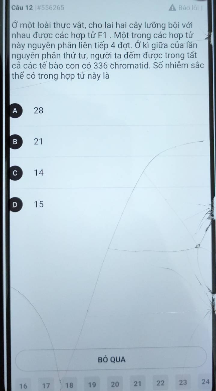 #556265 Báo lồi
Ở một loài thực vật, cho lai hai cây lưỡng bội với
nhau được các hợp tử F1 . Một trong các hợp tử
này nguyên phân liên tiếp 4 đợt. Ở kì giữa của lần
nguyên phân thứ tư, người ta đếm được trong tất
cả các tế bào con có 336 chromatid. Số nhiễm sắc
thể có trong hợp tử này là
A 28
B 21
C 14
D 15
Bỏ QUA
16 17 18 19 20 21 22 23 24