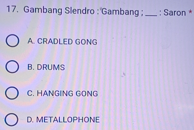 Gambang Slendro : Gambang ; _: Saron *
A. CRADLED GONG
B. DRUMS
C. HANGING GONG
D. METALLOPHONE